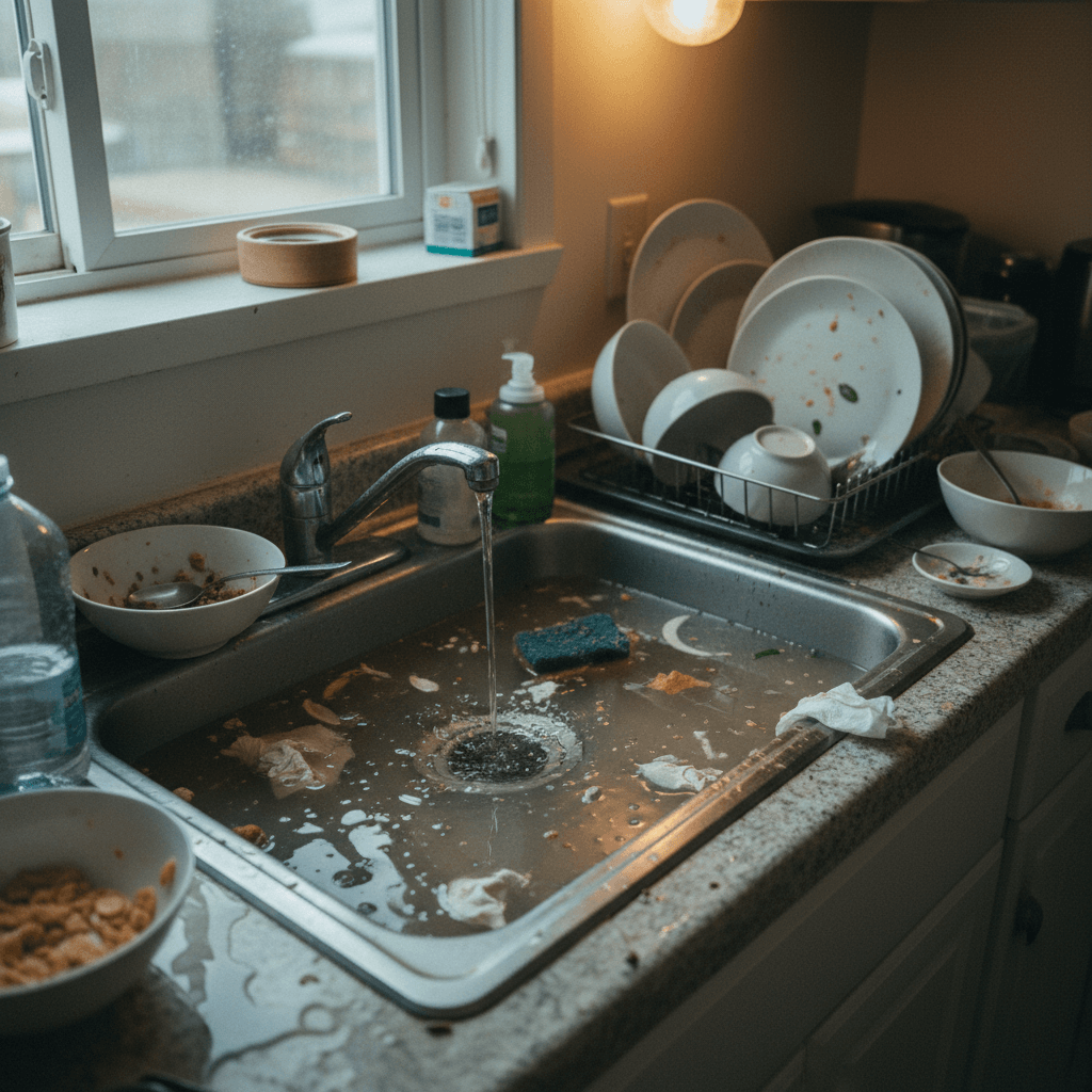 Verstopfter Abfluss in der Küche voller Wasser